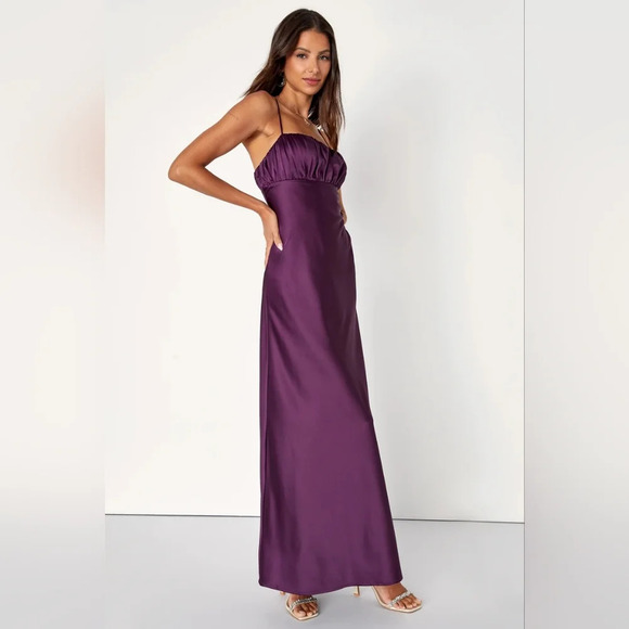 Lulus Romantic Excellence Plum Purple Satin Backless Maxi Dress L Wedding Party - Picture 3 of 10